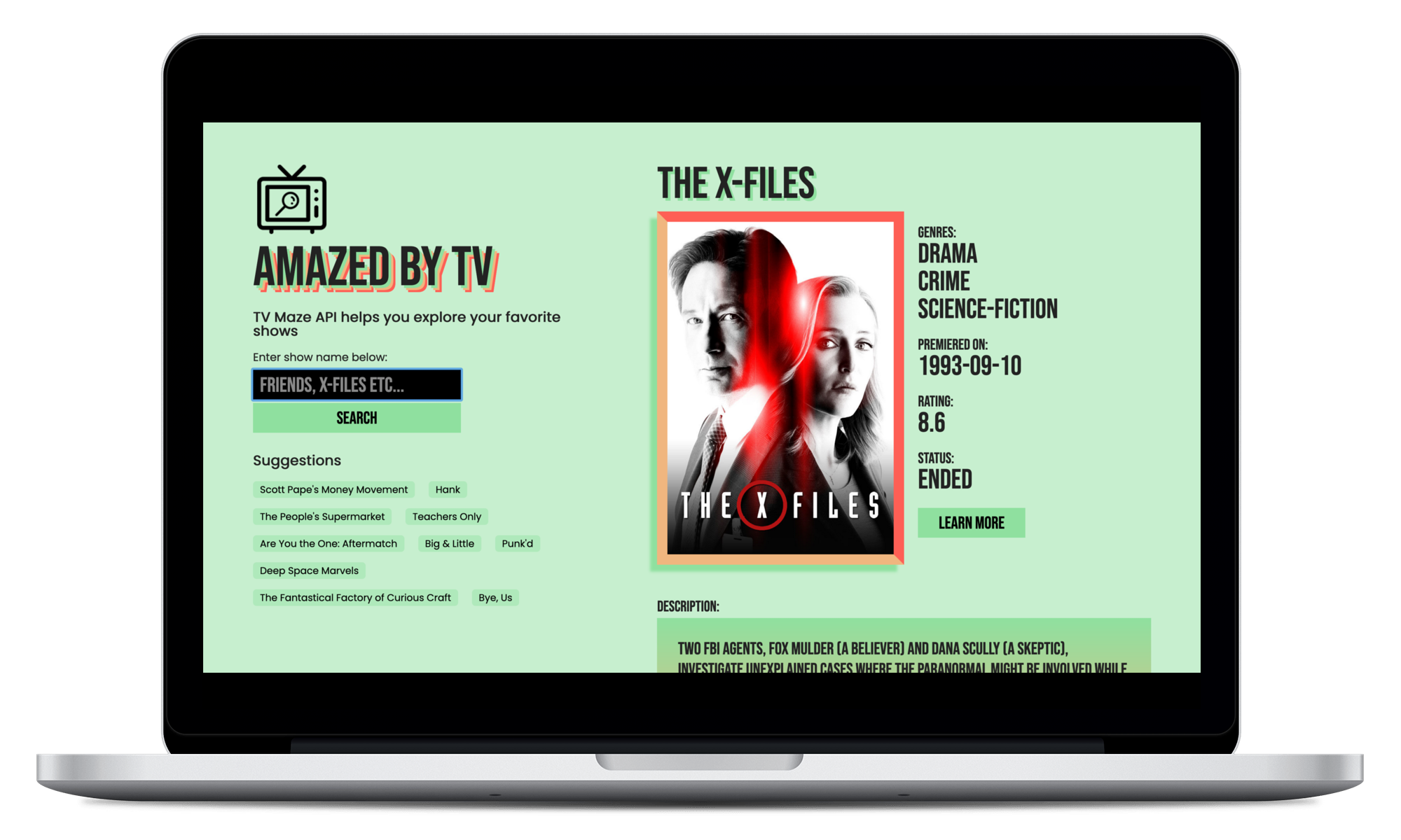 A Macbook screen mockup of a TV web application built by Blaire and a partner