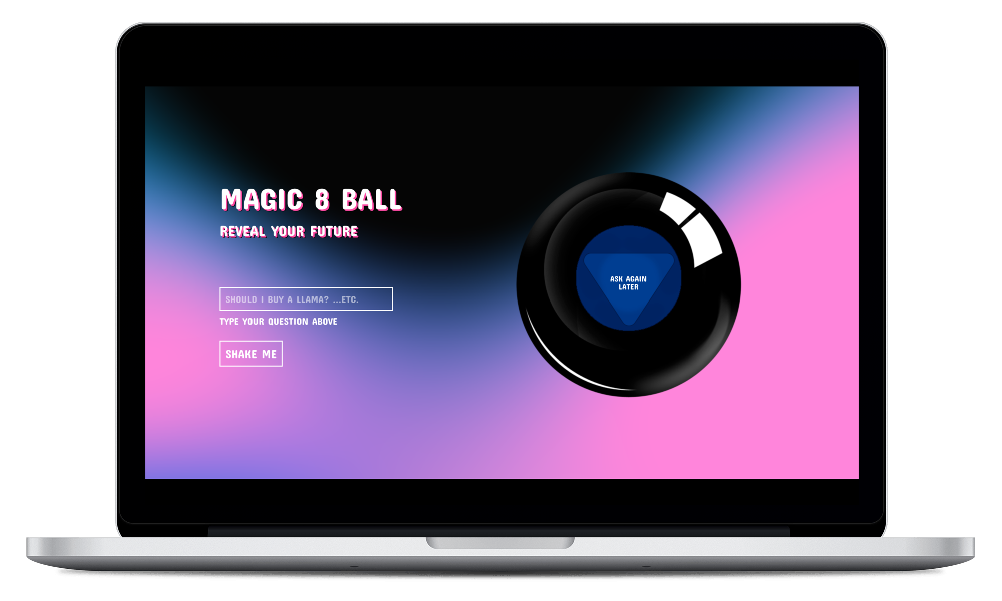 A Macbook screen mockup of a Magic 8 Ball web application created by Blaire